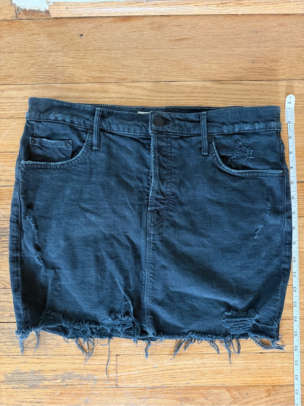 MOTHER Black Distressed Denim Mini Skirt